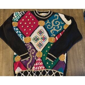 Vintage Chaus 80s 90s Patchwork Knit Sweater Medium Metallic Accent Eclectic